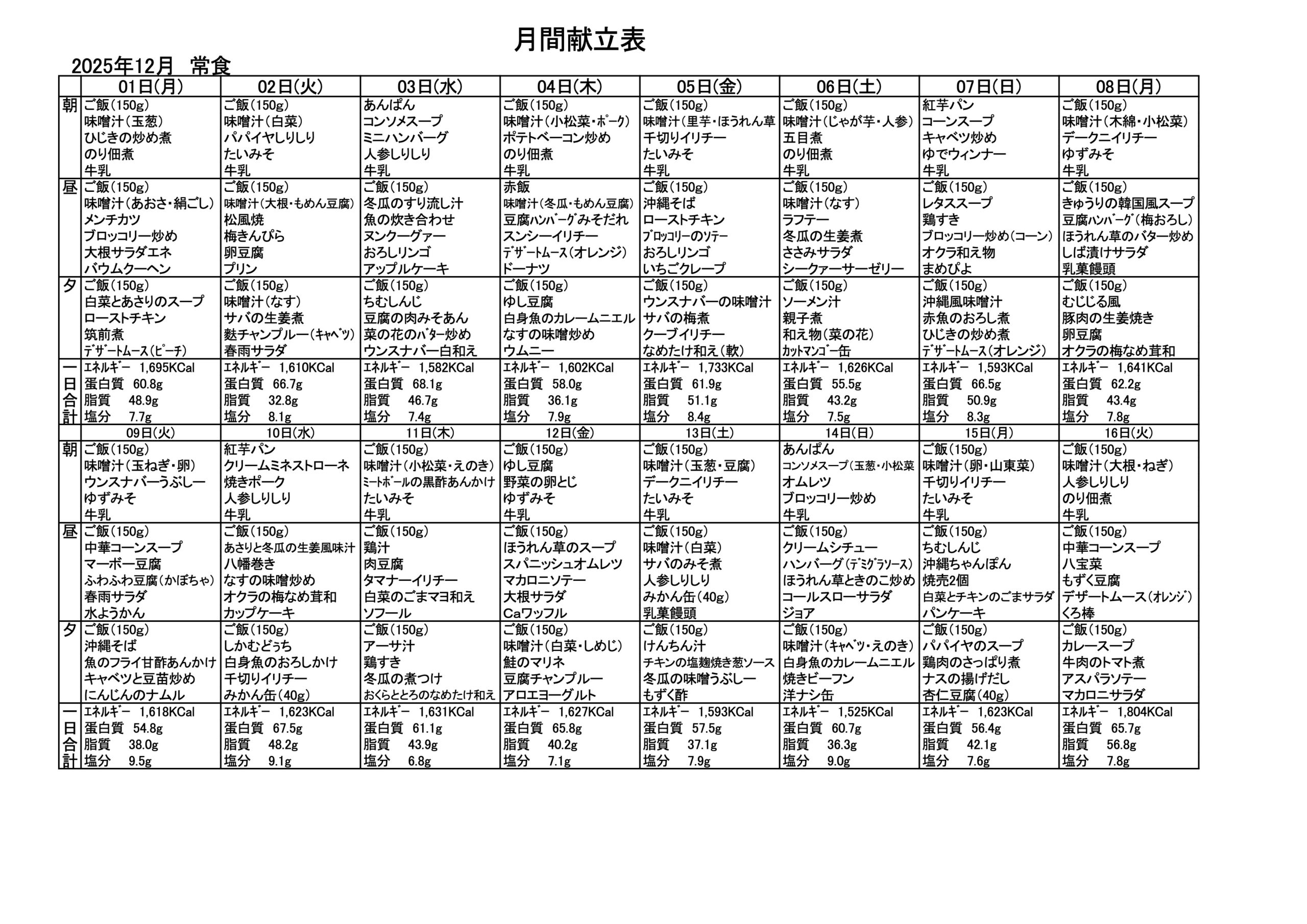 献立一覧表（2025年12月）