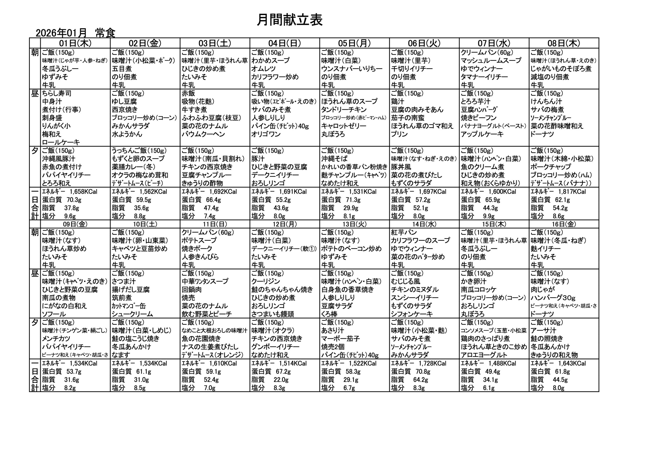 献立一覧表（2026年1月）